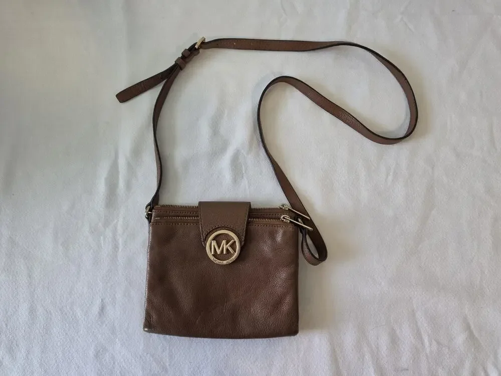Michael Kors Fulton Double Zip Crossbody Bag Cognac Brown Pebbled Leather MK